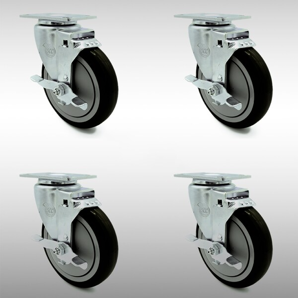 5 Inch SS Black Polyurethane Swivel Top Plate Caster Set with Brake SCC